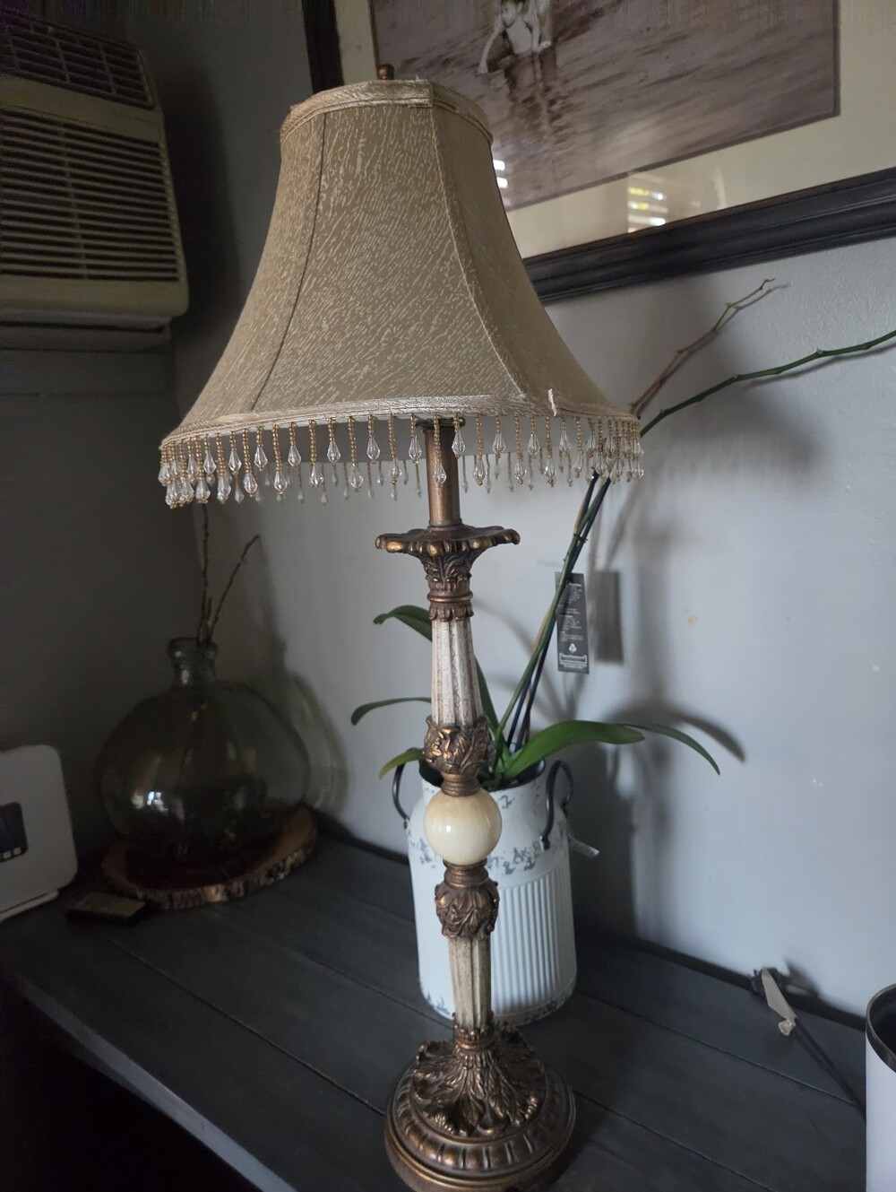 Vintage Cream and Gold Table Lamp with Beaded Shade